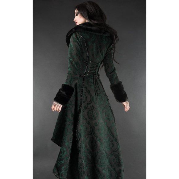 New Heavy Brocade High Low Coat Queen Royal Princess Renaissance Medieval Green - Picture 2 of 7